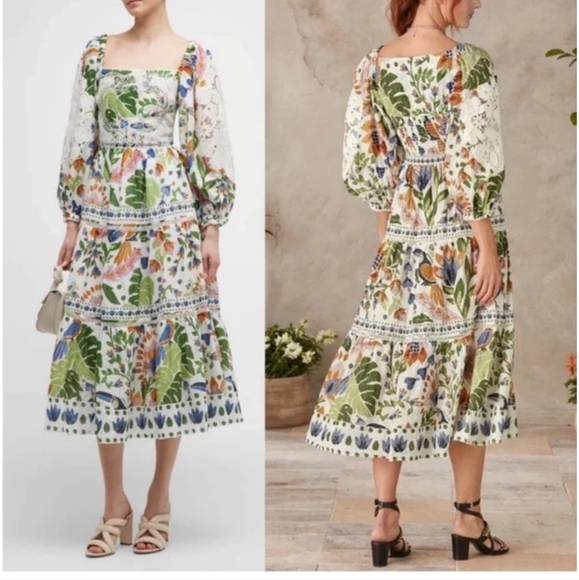 FARM RIO BLOGGER White Textured Floral Lace Summer Garden Puff Sleeve Midi Dress - Picture 1 of 15